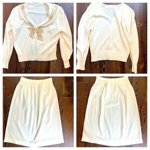 Vintage Cream Knit Skirt Set with Gold Beaded Bow